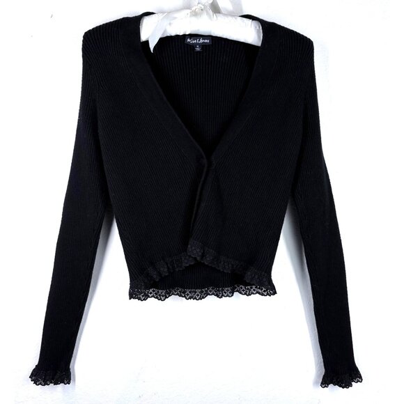 For Love & Lemons Black Ribbed Cropped Nina Cardigan Size Medium - Picture 3 of 10